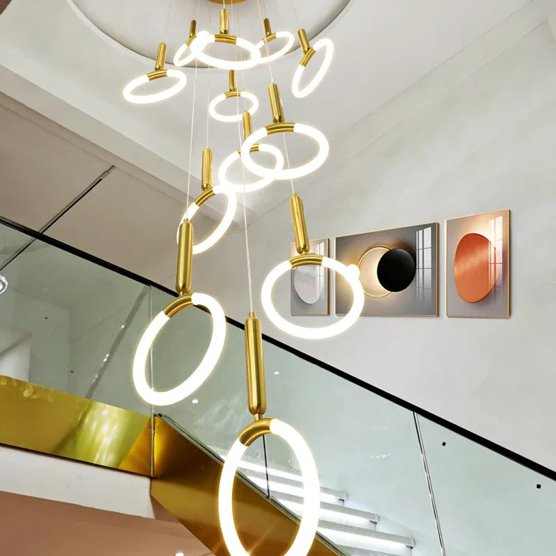 Afralia™ Modern Golden Round Acrylic Chandelier for Duplex Living Room, Kitchen, Staircase.