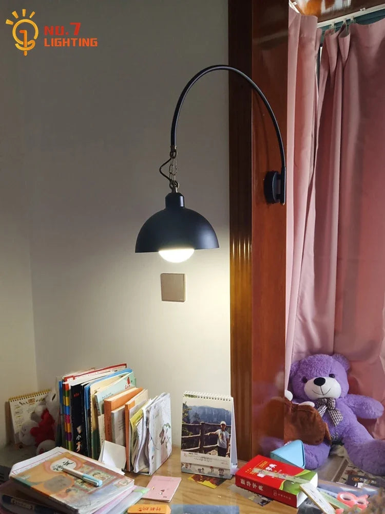 Afralia™ Rotatable Black Wall Lamp LED E27 Swing Arm Long Pole Industrial Design