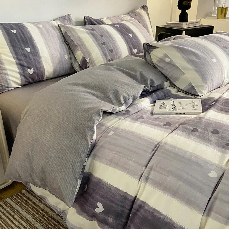 Afralia™ Pure Cotton Striped Bedding Set Duvet Cover Fitted Sheet Kit for Single/Double