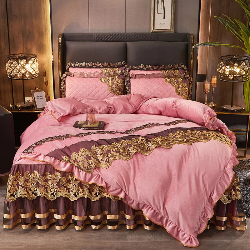 Afralia™ Black Gold Lace Duvet Set, Luxury Crystal Velvet, Quilted Embroidery, Ruffle Bedding