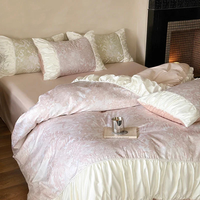 Afralia™ Luxe Satin Cotton Duvet Cover Set with Sheets & Lace Pillowcase