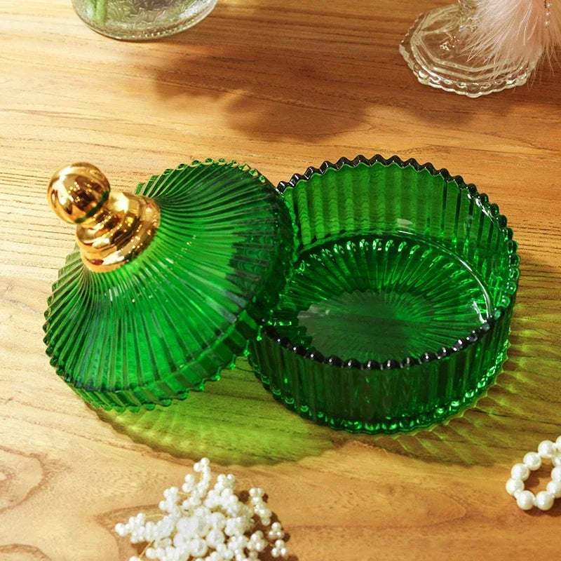 Afralia™ Green Striped Glass Jar with Lid, Small Objects Jewelry Storage Jar
