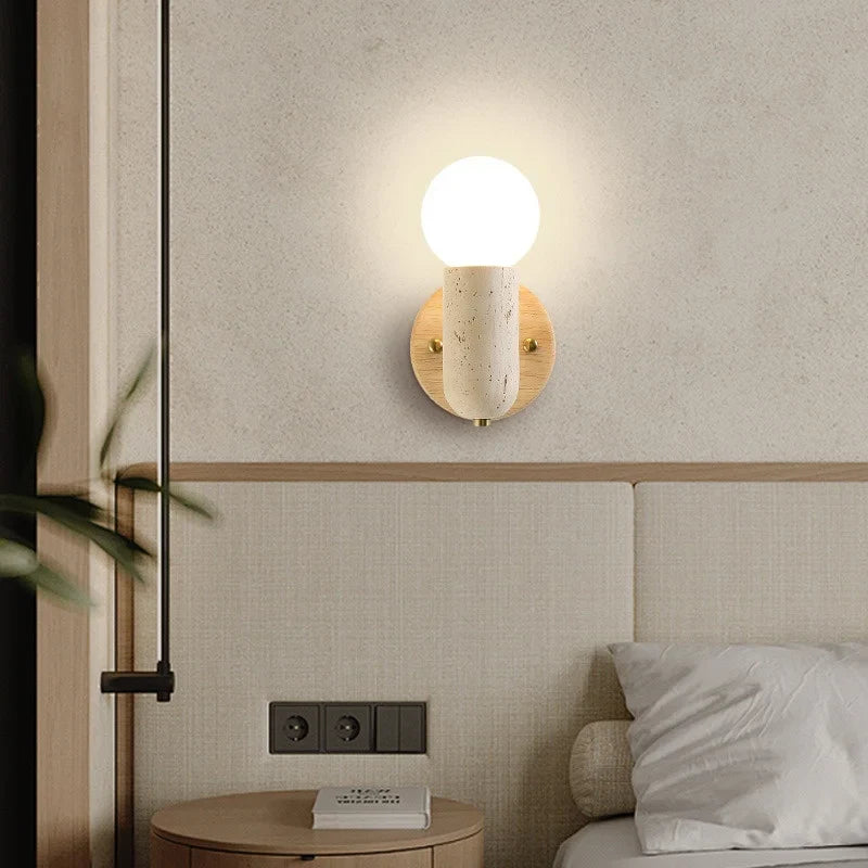 Afralia™ Wood & Travertine LED Wall Sconce with Pull Chain Switch
