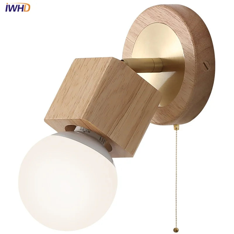 Afralia™ Modern Copper Wood LED Wall Lights with Pull Chain Switch for Bedroom Vanity.