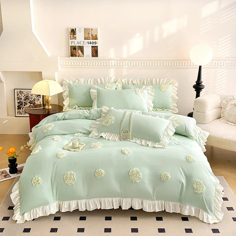 Afralia™ Pink Stereoscopic Bedding Set: Handwork Flowers Embroidery, Ruffle, Korean Style