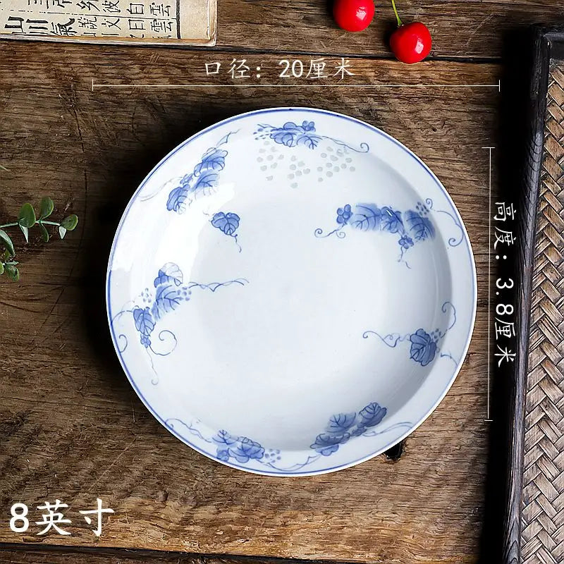 Afralia™ Chinese Blue and White Porcelain Vegetable Plates and Rice Soup Bowls - Set of 2