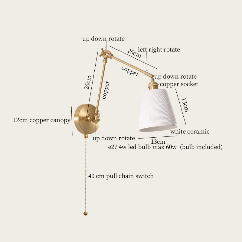 Afralia™ Ceramic LED Wall Lamp, Pull Chain Switch, Nordic Copper, Small Size