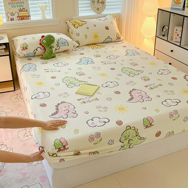 Afralia™ Milk Velvet Cartoon Printed Fitted Sheet - Cozy Plush Mattress Cover