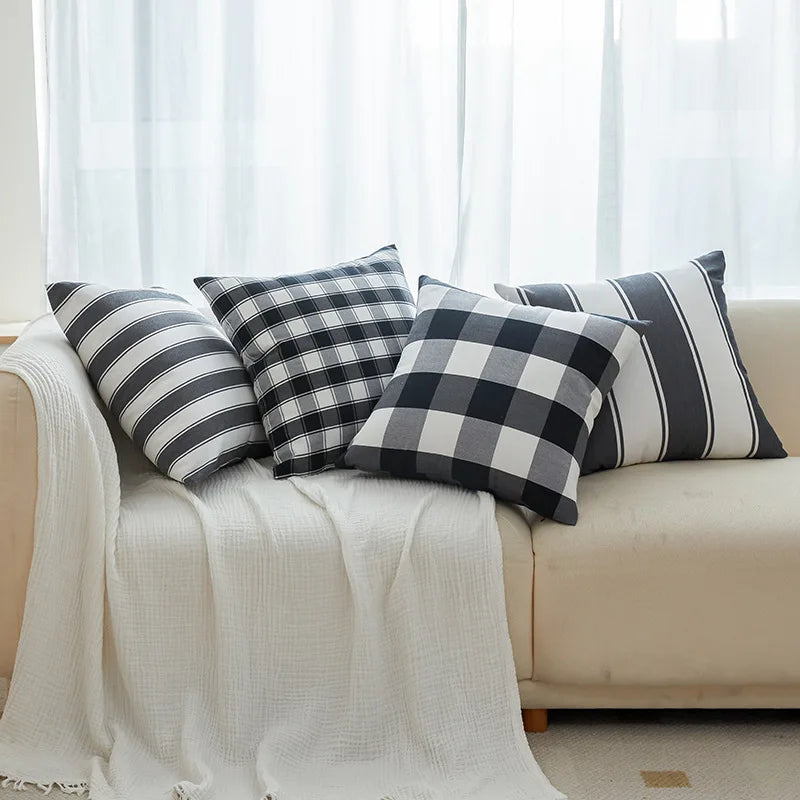 Afralia™ Geometric Plaid Striped Cotton Canvas Pillow Cover for Sofa