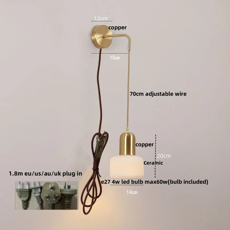 Afralia™ Ceramic LED Wall Sconce with Walnut Wood Pull Chain Switch - Nordic Style