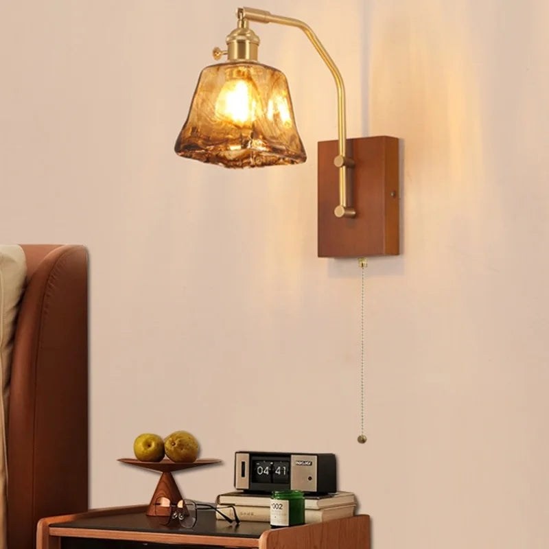 Afralia™ LED Glass & Wood Wall Lamp with Pull Chain Switch for Living Room, Bedroom, Bathroom