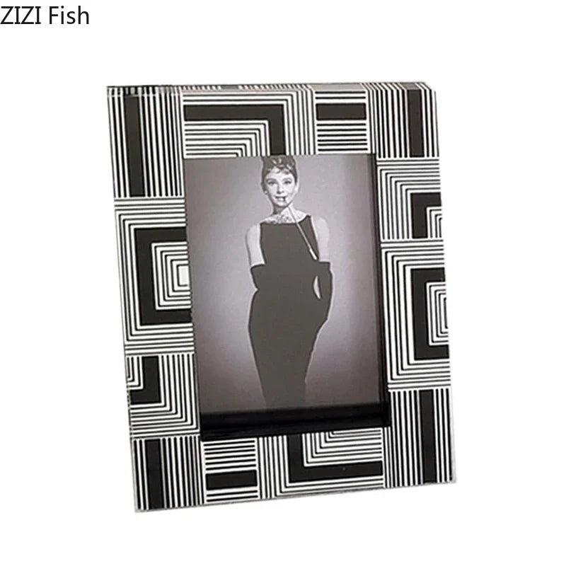 Afralia™ Modern Black & White Striped 6/7" Photo Frame for Bedside Table & Desk