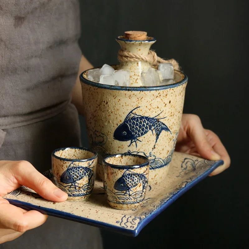 Afralia™ Japanese Sake Pot Set Handcrafted Ceramic Wine Warmer Vintage Spirits Cup