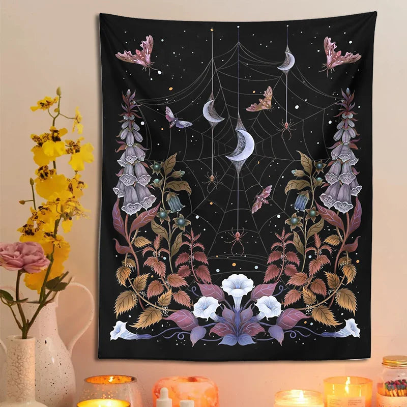 Afralia™ Witch Garden Tapestry Wall Hanging Moon Moth Tarot Psychedelic Decor