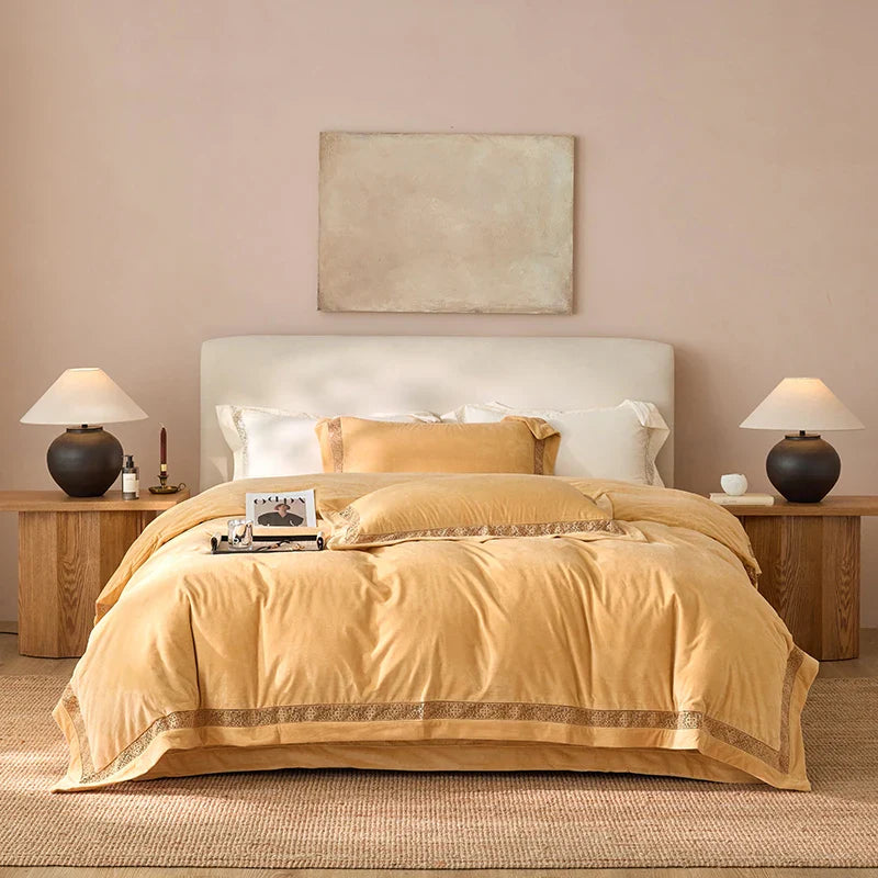 Luxury Gold Velvet Lace Duvet Bedding Set by Afralia™, Cozy Furry Winter Collection