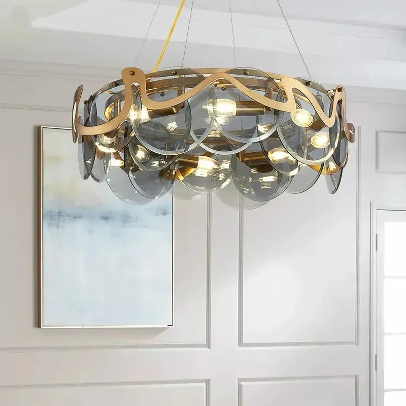 Afralia™ Nordic Gold Iron Pendant Light Disc Chandelier Luxury Glass for Living Room