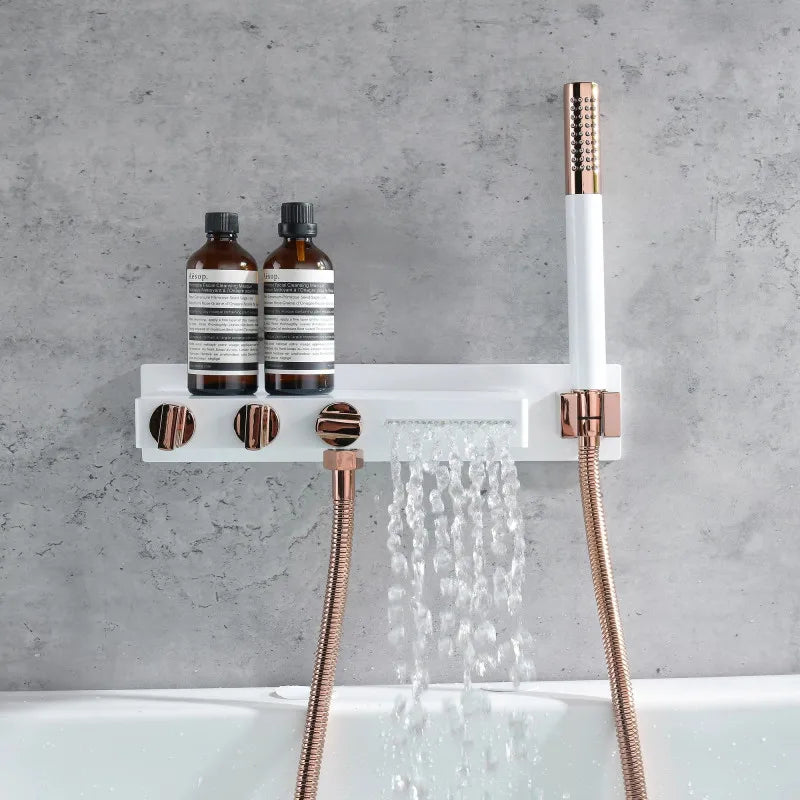 Afralia™ Wall-Mounted White Rose Gold Bathtub Faucet Set with Waterfall Shower