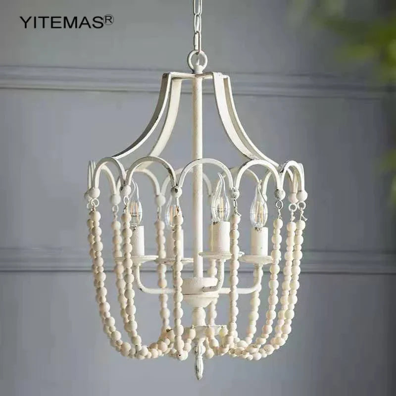 Afralia™ Vintage White Wooden Beads Chandelier French Country Dining Room Lighting