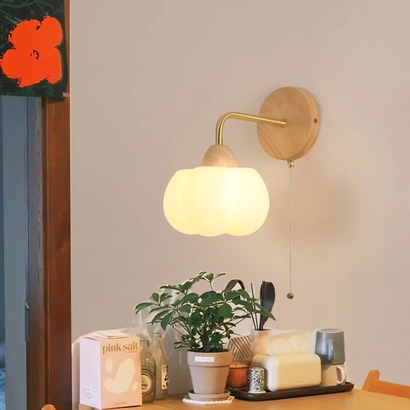 Afralia™ Wood Canopy LED Wall Light Fixture - Modern Nordic Style with Pull Chain Switch