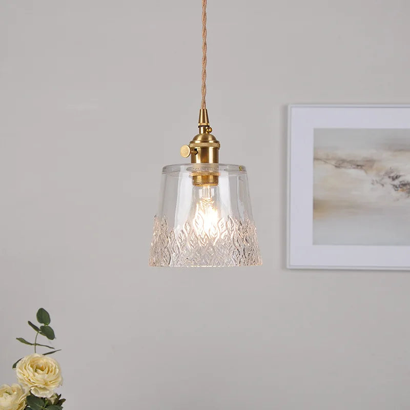 Afralia™ Clear Leaf Glass LED Pendant Copper Switch Kitchen Dining Room Light