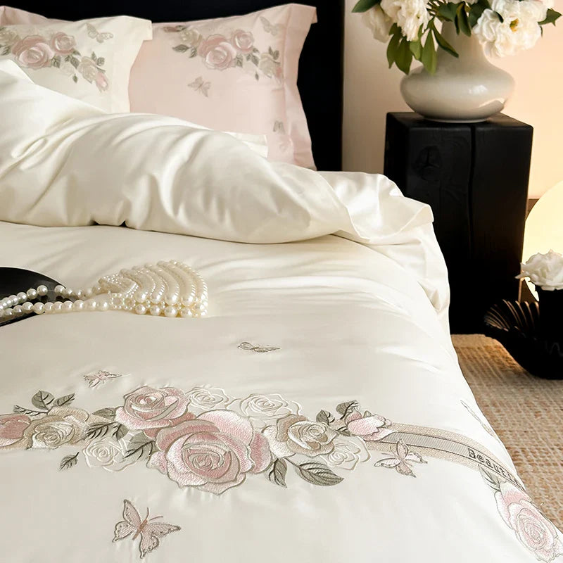 Afralia™ Vintage Rose Butterfly Embroidery Bedding Set 4Pcs