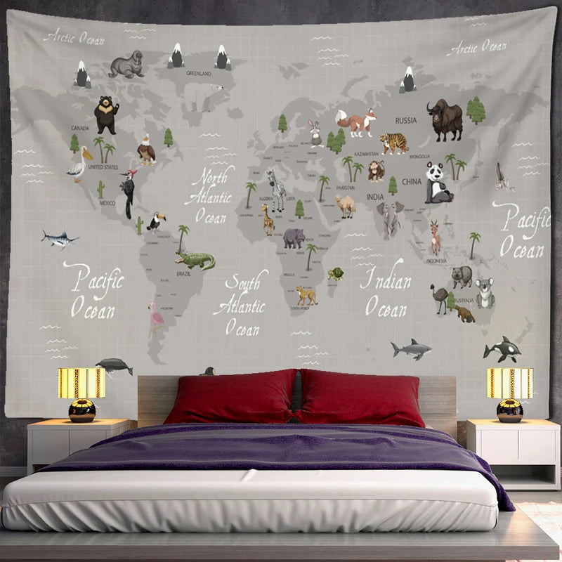 Afralia™ Cartoon Animals Map Tapestry Wall Hanging for Cute Children's Room Decor