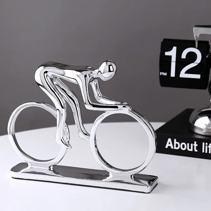 Afralia™ Silver Nordic Cyclist Statue Abstract Ceramic Bike Figurine Office Decor