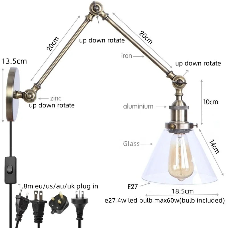 Afralia™ Vintage Industrial LED Wall Light with Clear Glass Shade & Adjustable Long Arm