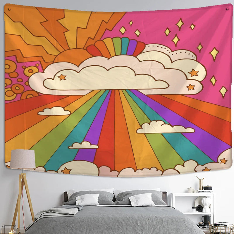 Afralia™ Psychedelic Hippie Tapestry Wall Hanging for Colorful 80s Aesthetic Boho Decor