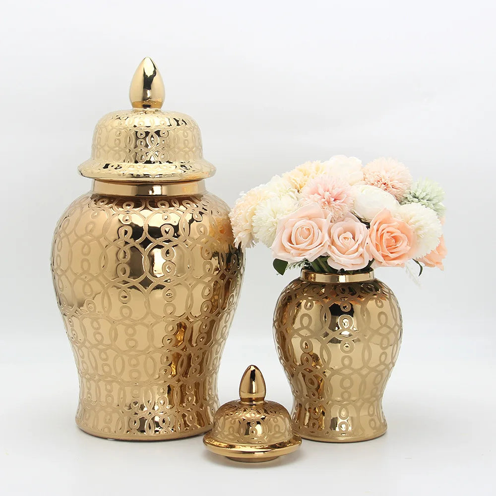 Afralia™ Golden Pattern Porcelain Ginger Jar Vase with Lid for Home Decor
