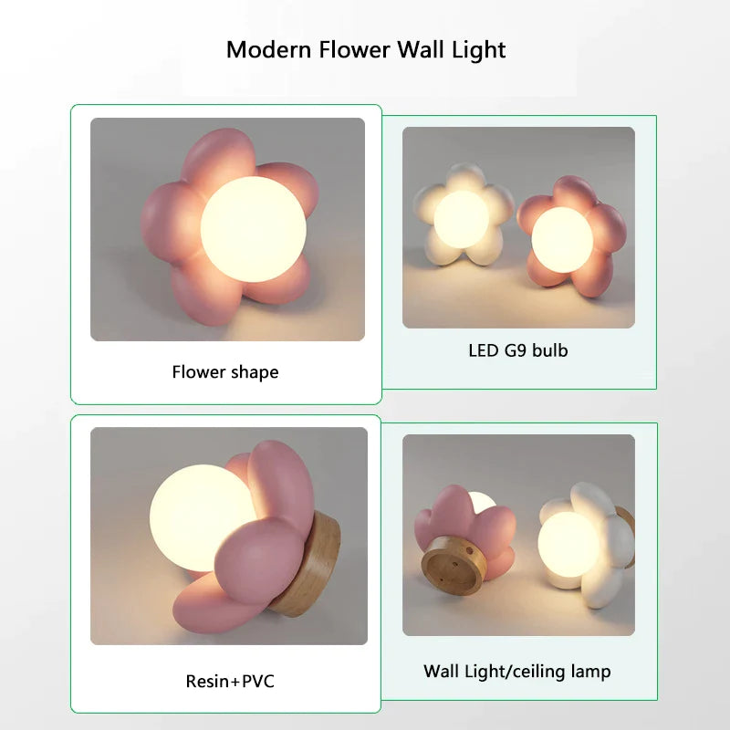 Afralia™ Kids Flower Resin Wall Lamp LED G9 Bulb White Pink Creative Bedroom Decor