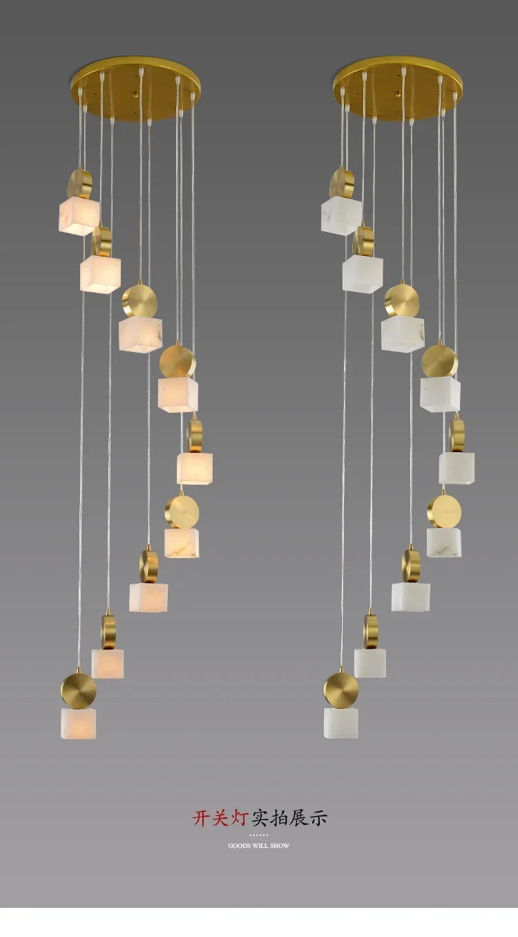 Afralia™ Marble Long Chandelier Modern Minimalist Villa Living Room Loft Duplex Copper Lighting