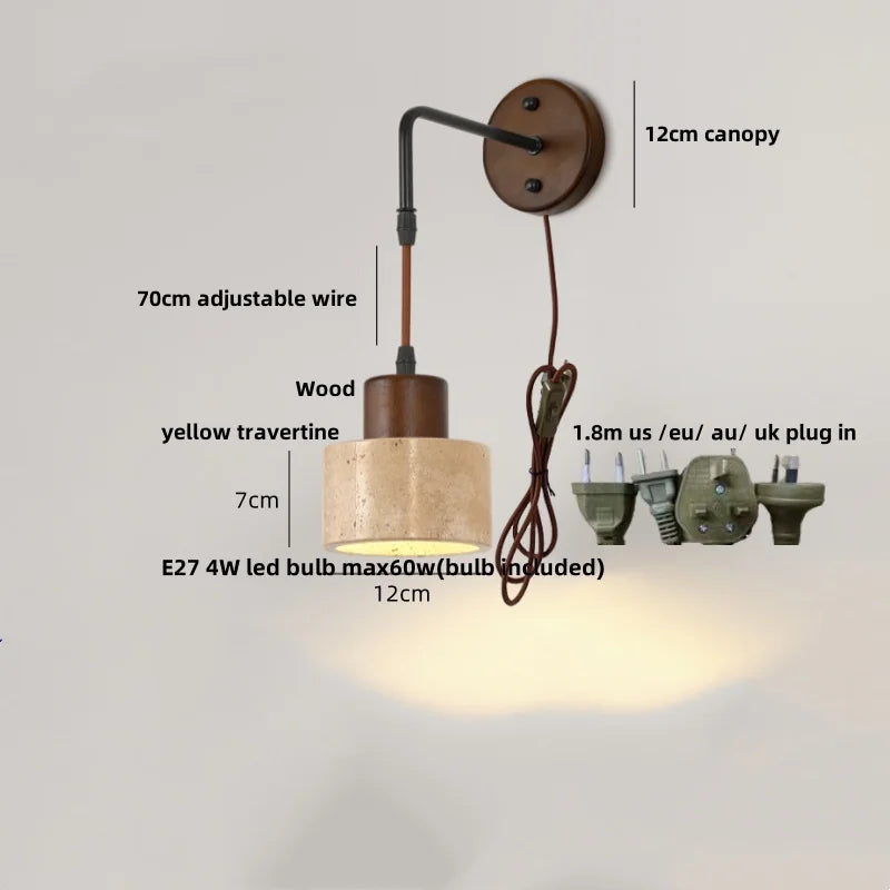 Afralia™ Wood Canopy LED Wall Sconce Yellow Travertine Stone Pull Chain Switch