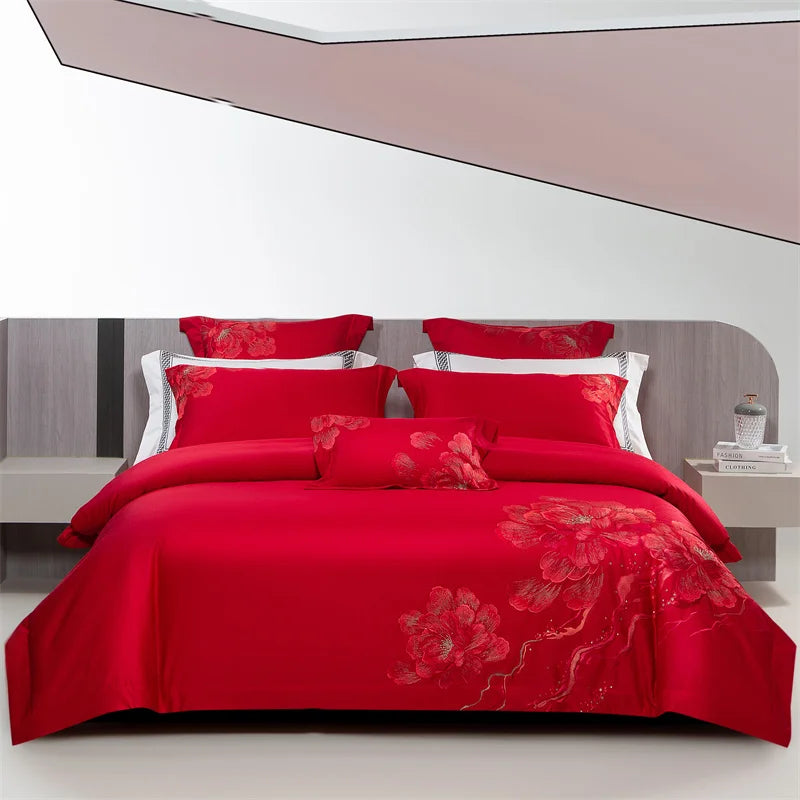 Afralia™ Luxury Flowers Embroidery Egyptian Cotton Bedding Set with 1400TC Quality