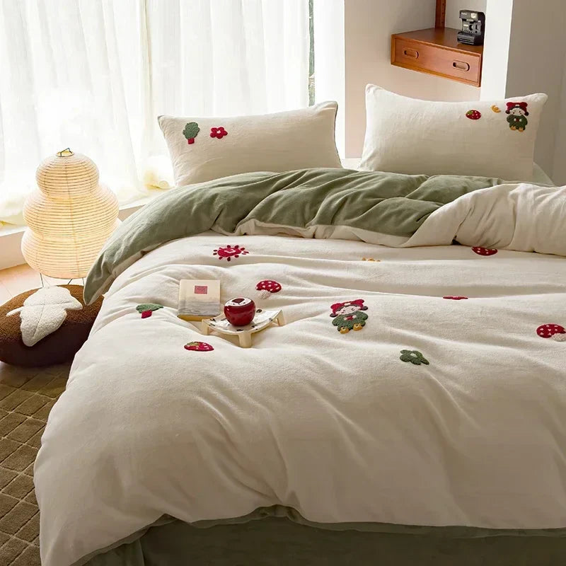 Afralia™ Embroidered Fleece Winter Bedding Set: Duvet Cover, Sheet, Quilt, Pillowcases
