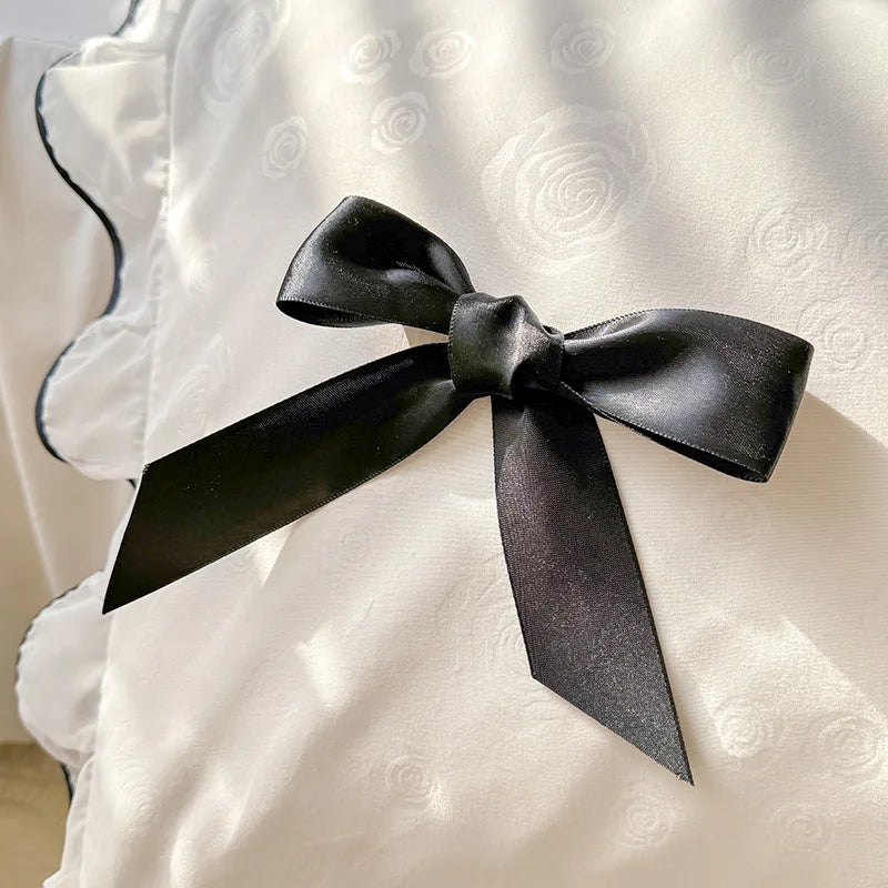 Afralia™ Lace Bow Bed Skirt Bedding Set in Romantic Solid Color for King Queen Double Sizes