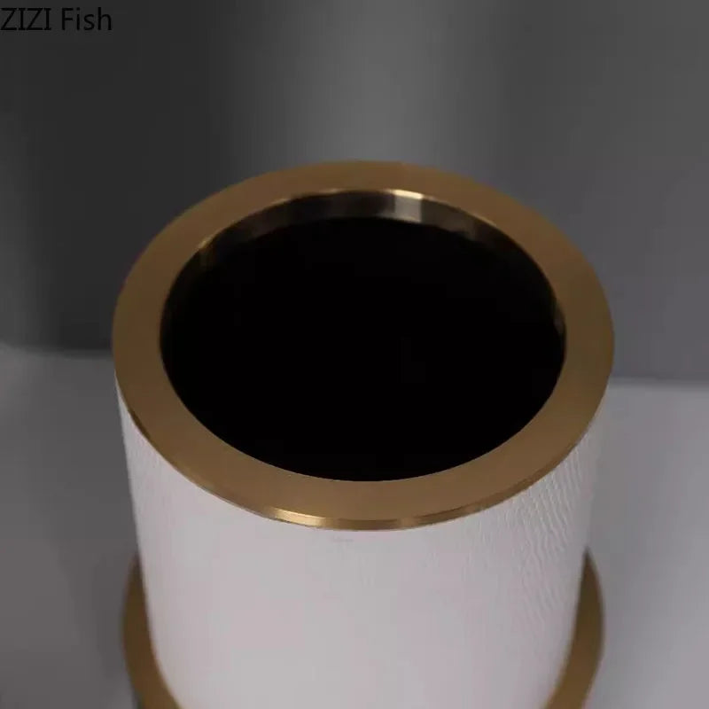 Afralia™ Gold Cylinder Vase Leather Desk Decor Artificial Flower Arrangement