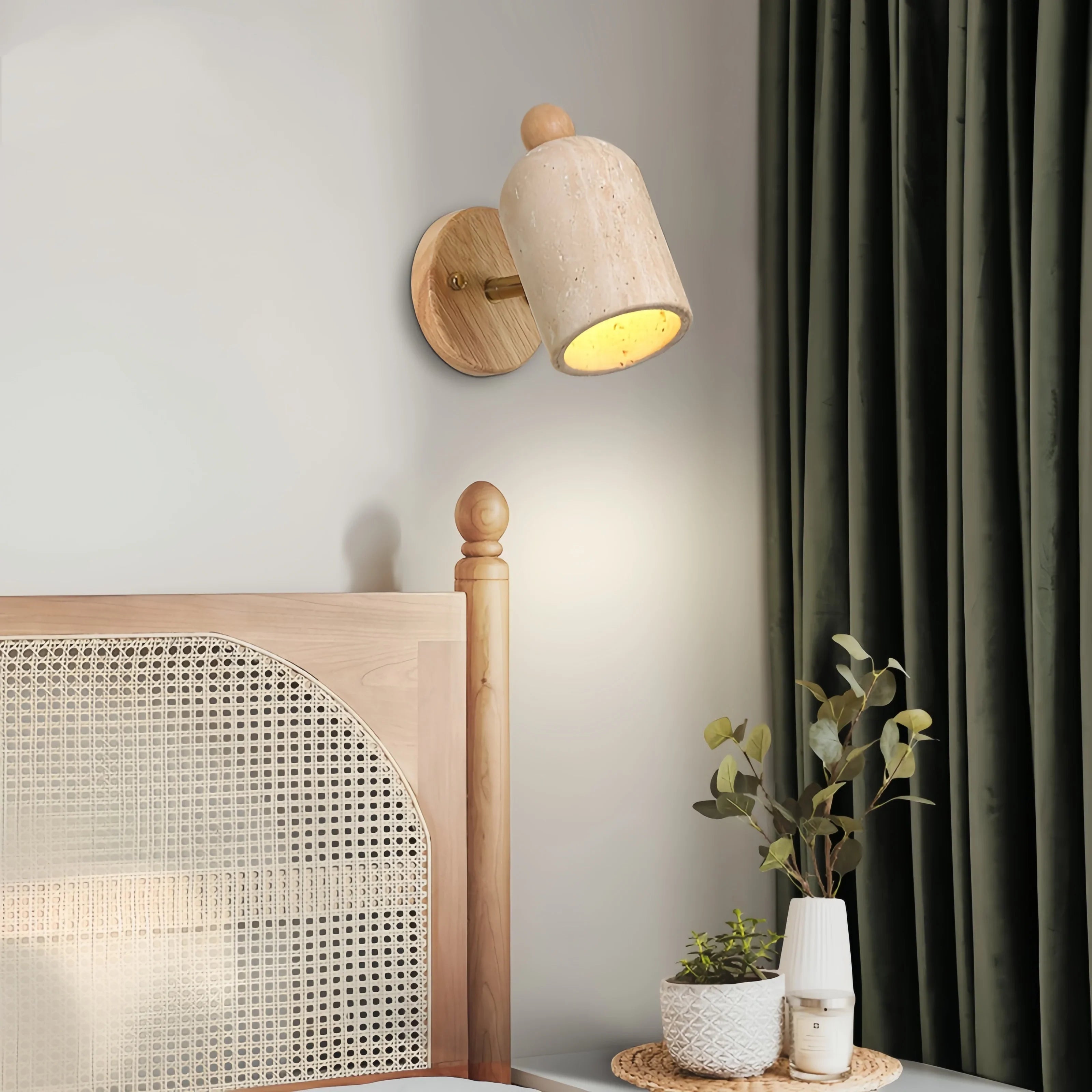 Afralia™ LED Wall Light Fixture Up Down Rotate Pull Chain Switch Yellow Travertine Wood