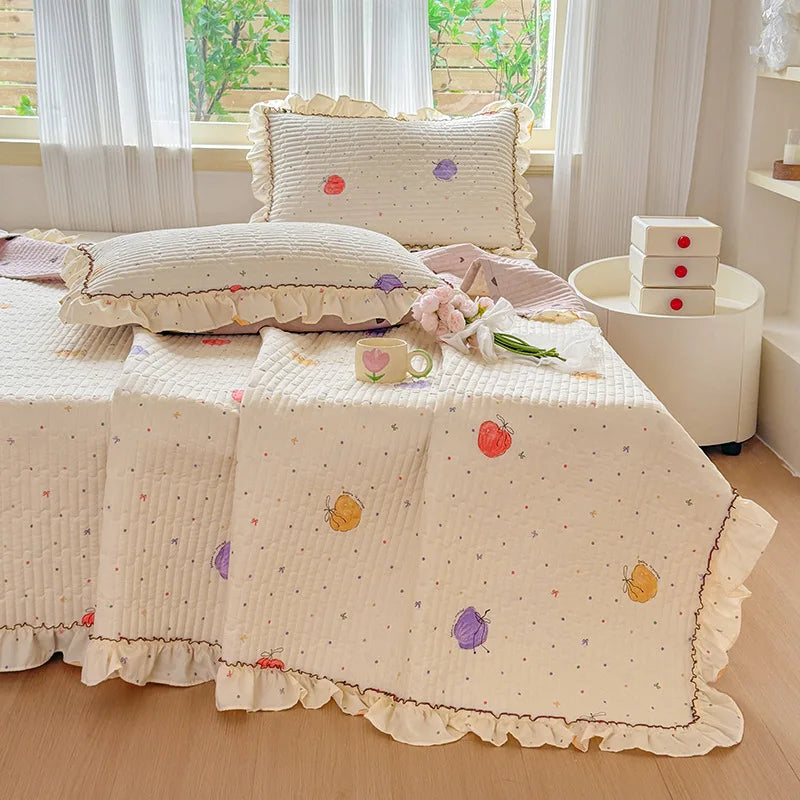 Afralia™ Princess Quilted Bed Cover: Korean Washed Cotton, Single, Lace Detail, Skin-Friendly Fabrics