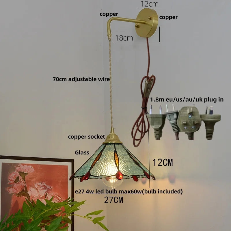 Afralia™ Glass Brass LED Wall Sconce Pull Chain Switch Vintage Vanity Light