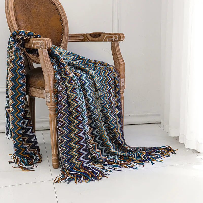 Afralia™ Boho Knitted Striped Blanket with Tassels