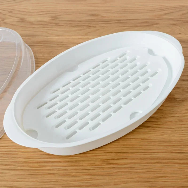 Afralia™ Round Plastic Steamer with Cover, Large Microwave Fish Plate, Steamer Set