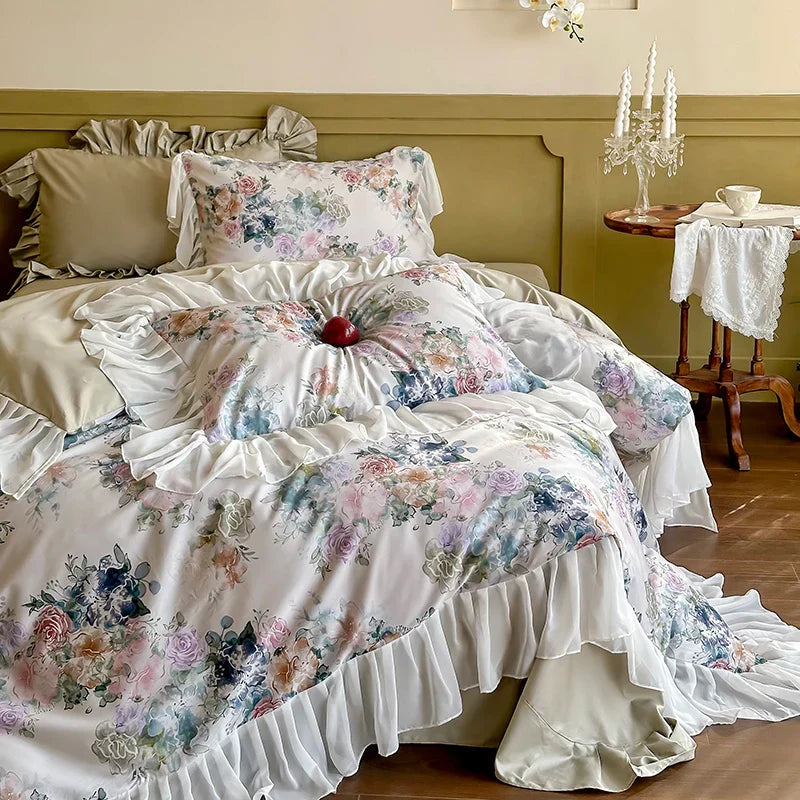 Afralia™ French Flowers Lace Ruffles Princess Bedding Set with 1000TC Egyptian Cotton
