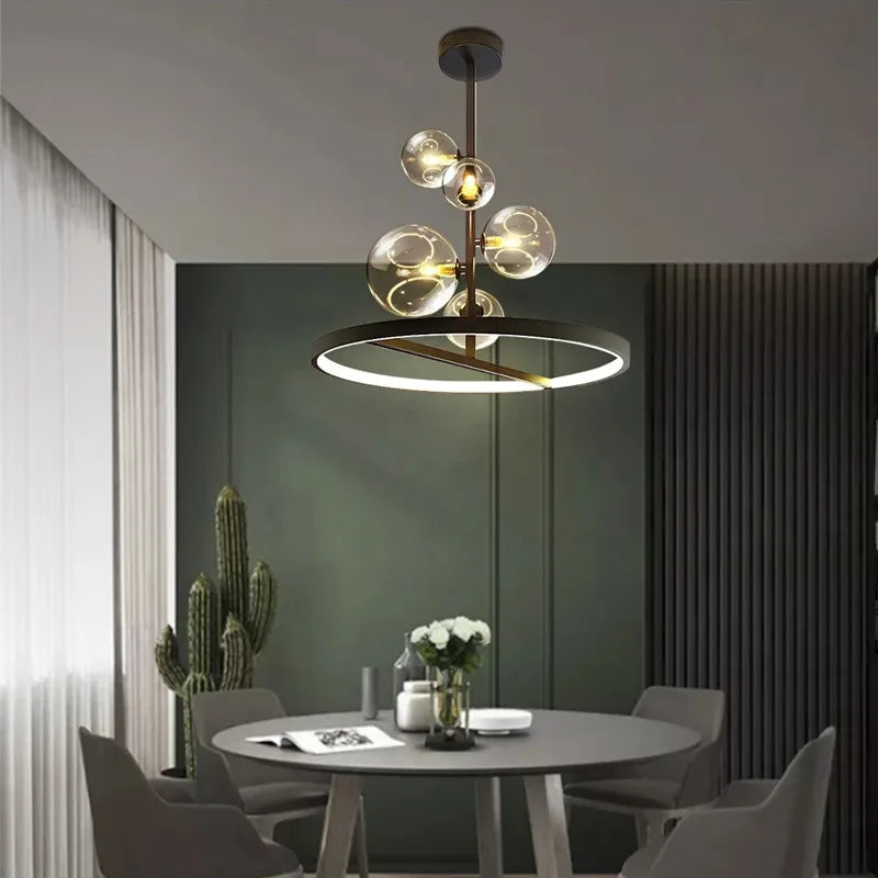 Afralia™ Black Glass Ball LED Pendant Chandelier for Dining Room, Kitchen, and Restaurant