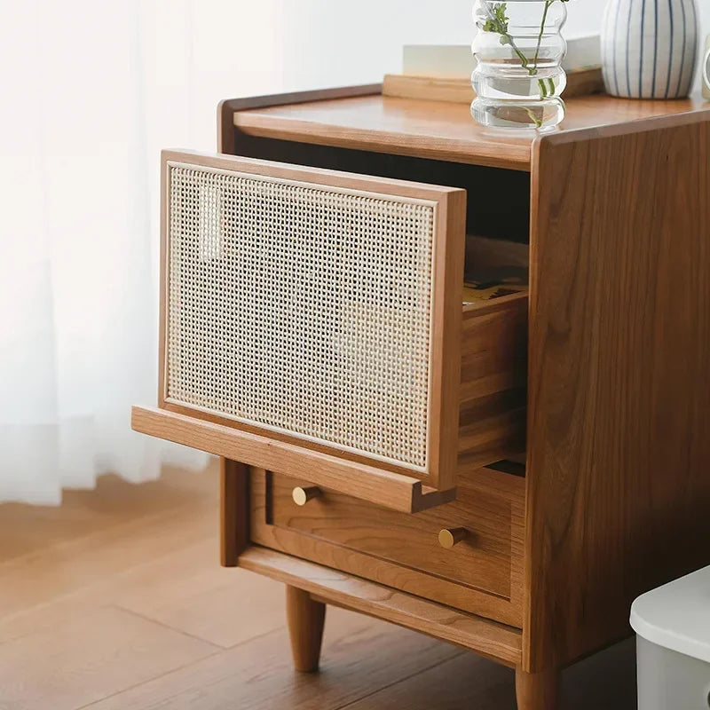 Afralia™ Rattan Weave Nightstand with Solid Wood Top, Multifunctional Bedside Storage Cabinet