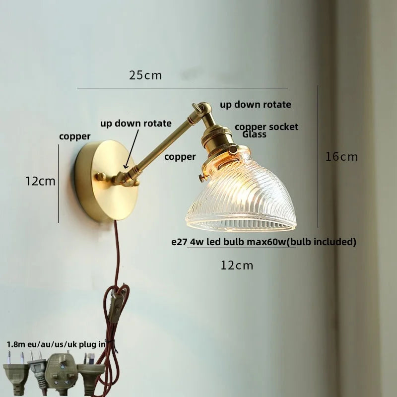 Afralia™ Vintage Brass Clear Glass Wall Lights Rotate Bedside Lamp for Restaurant Bedroom