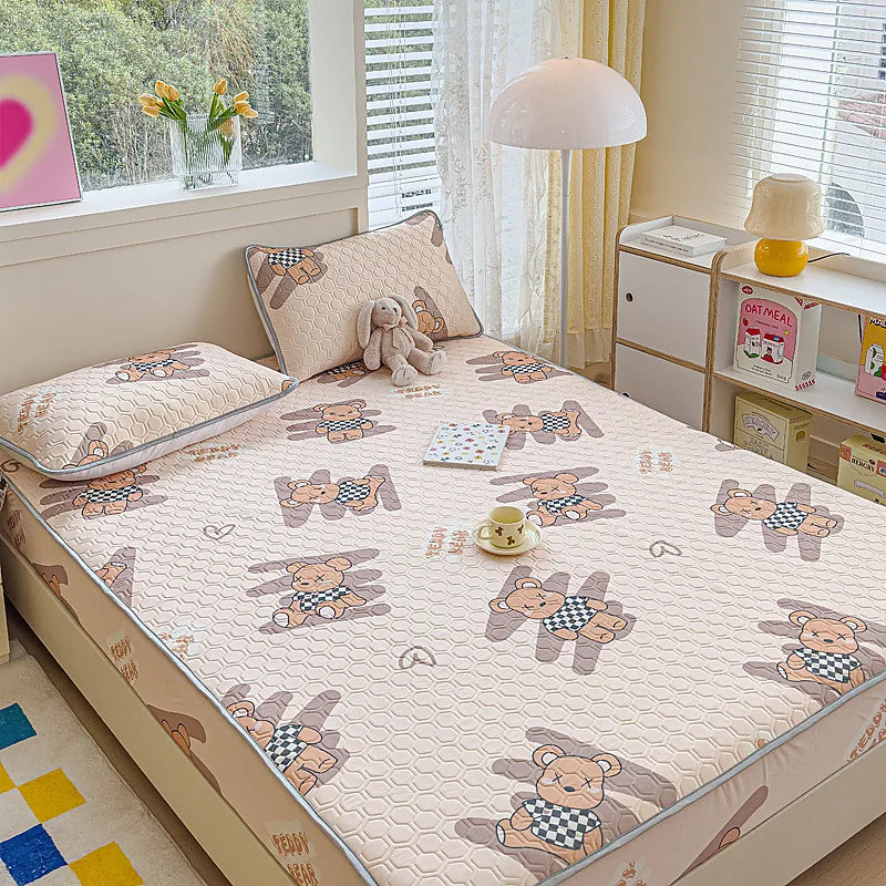 Afralia™ Cool Silk Latex Fitted Sheet Set with Pillowcases, Summer Ice Silk, Single Double Bed