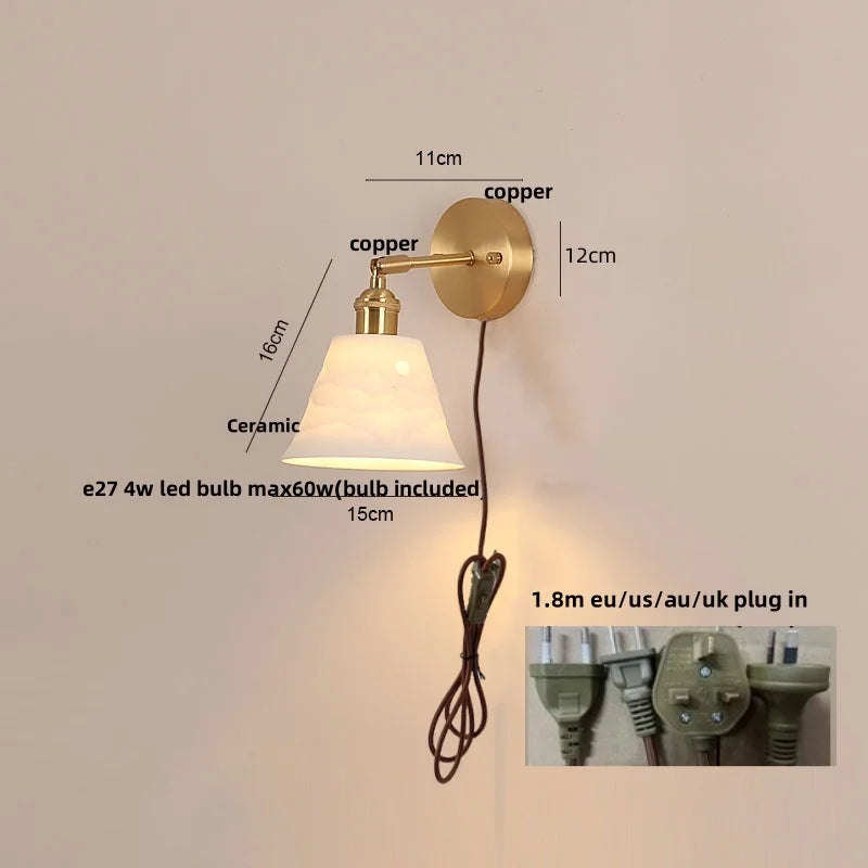 Afralia™ Copper LED Wall Light Fixture Pull Chain Switch Simple Art Bedside Lamp