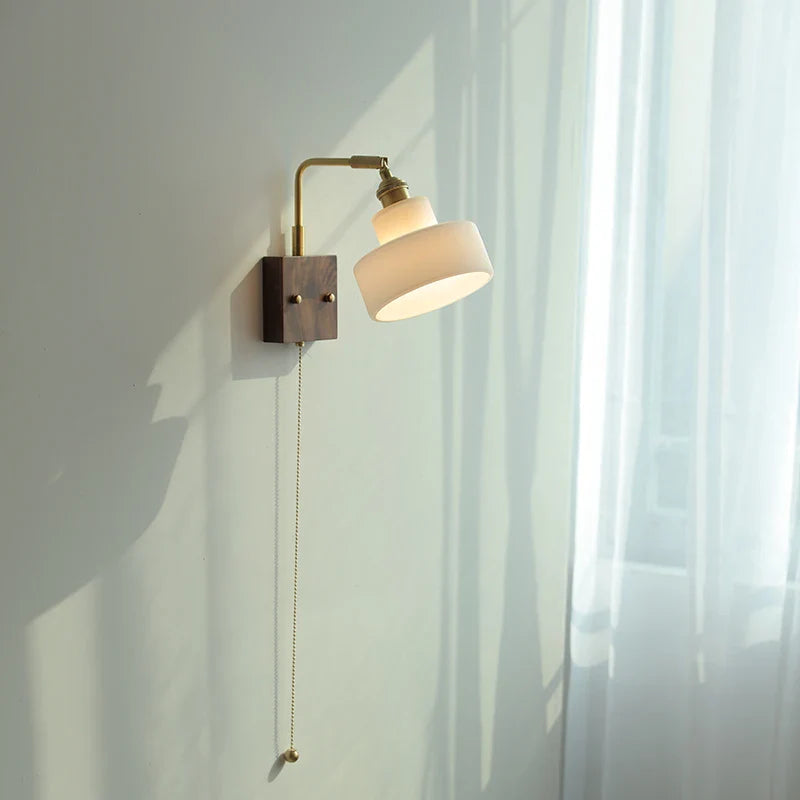 Afralia™ White Glass LED Wall Light Fixture Walnut Wood Brass Pull Chain Switch