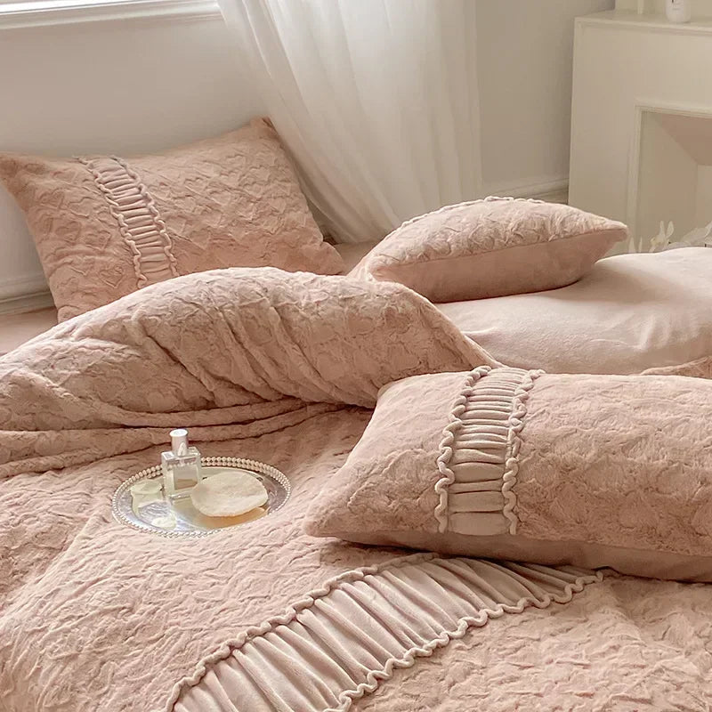 Afralia™ Plush Snow Rabbit Fleece Bedding Set King Size Luxe Winter Duvet Cover Set